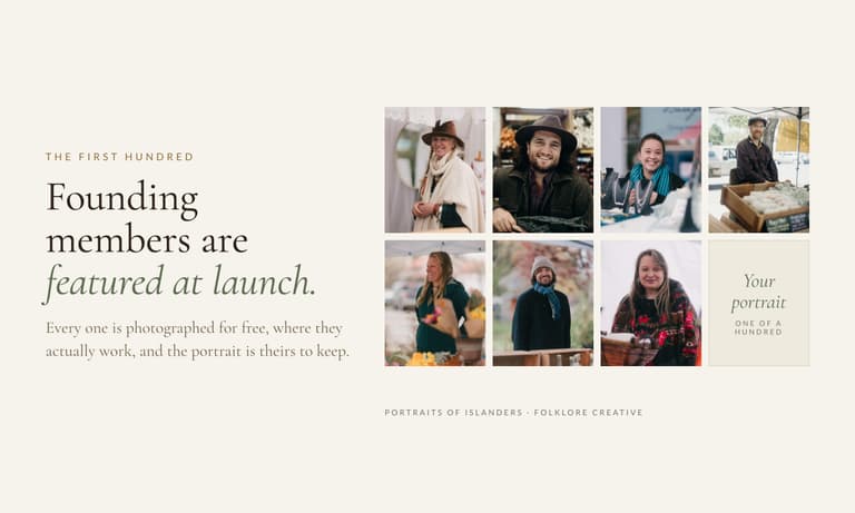 Portraits of Salt Spring Island neighbours with one space left for a Folk.Share founding member