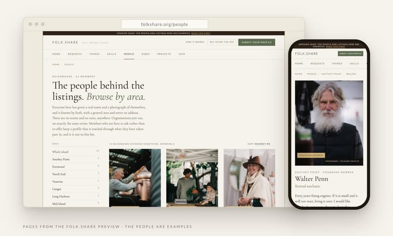 Browsing people by area on Folk.Share on a laptop, and an example member profile on a phone