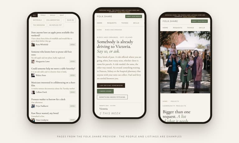 Requests, rides and projects on Folk.Share for Salt Spring Island, shown on three phones with example listings