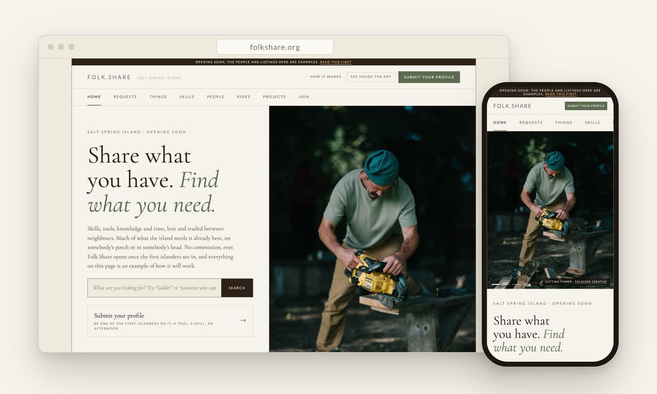 The Folk.Share home page for Salt Spring Island on a laptop and a phone