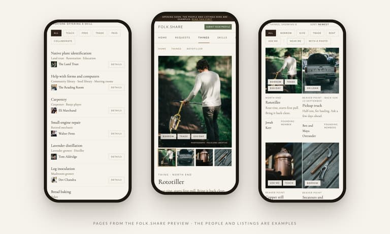 Folk.Share skills and things pages for Salt Spring Island on three phones, with example listings