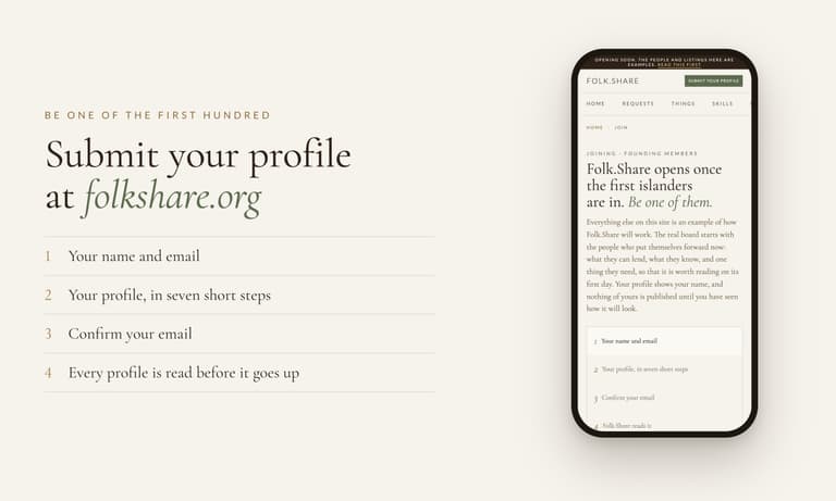 The steps to submit a founding member profile to Folk.Share, beside the join page on a phone