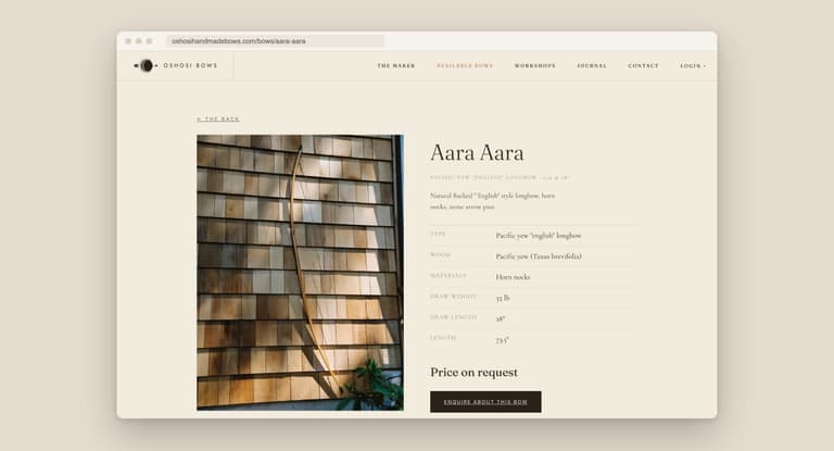 Page for the Aara Aara yew longbow, listing its draw weight, draw length and an enquire button