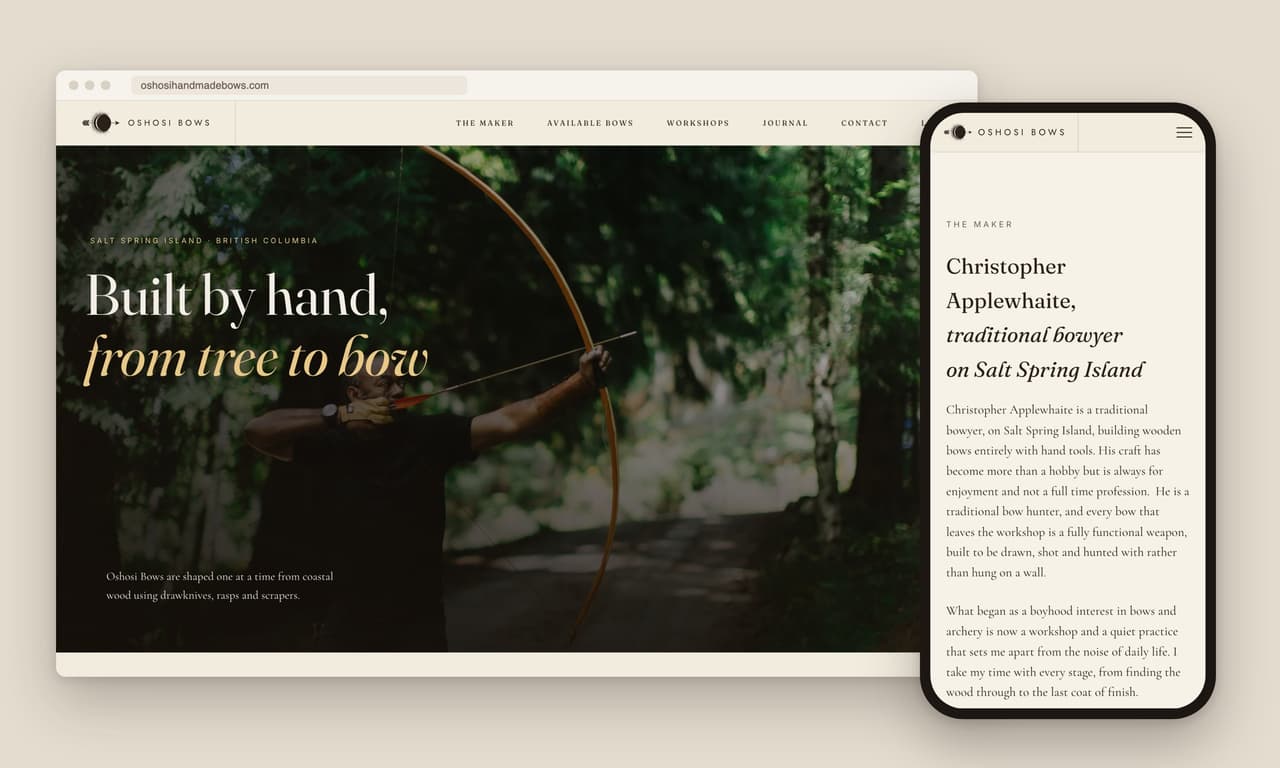 The Oshosi Handmade Bows website shown on a desktop screen and on a phone