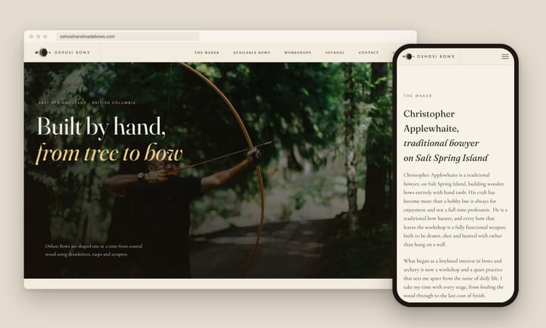The Oshosi Handmade Bows website home page on a desktop, beside the maker page on a phone