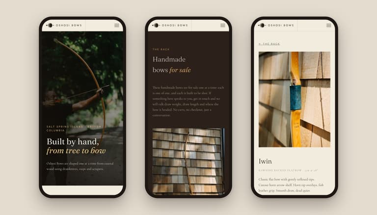 Three pages of the Oshosi Handmade Bows website shown on phones