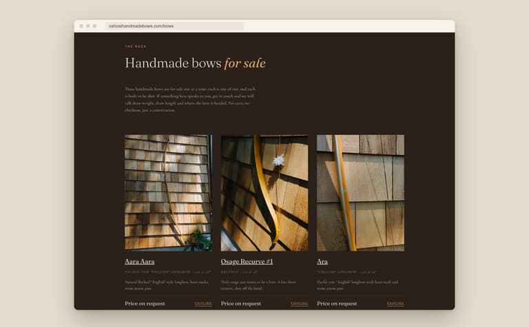 The rack of handmade bows for sale on the Oshosi Bows website