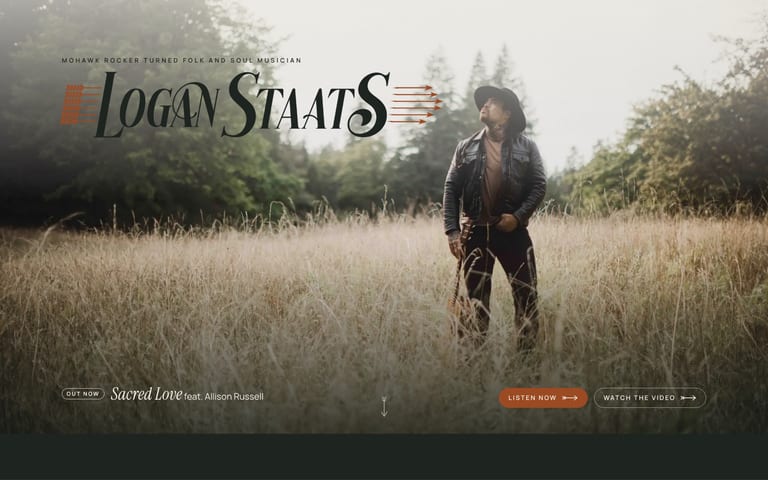 A website concept for a musician, the Tall Grass direction, on a desktop screen