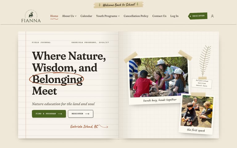 A website concept for a wilderness school, the Field Journal direction, on a desktop screen