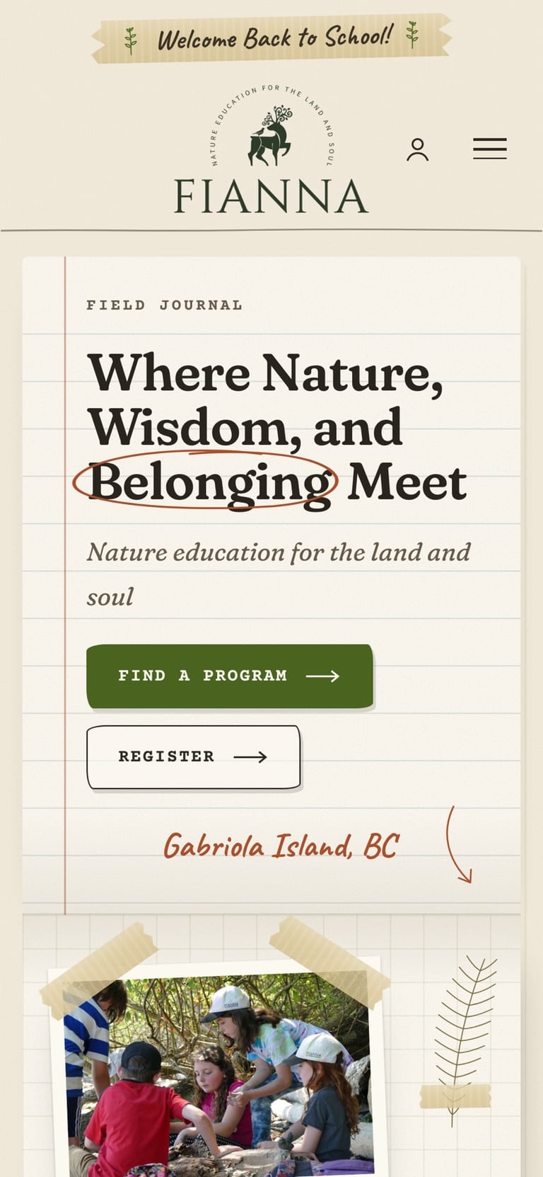 A website concept for a wilderness school, the Field Journal direction, on a phone