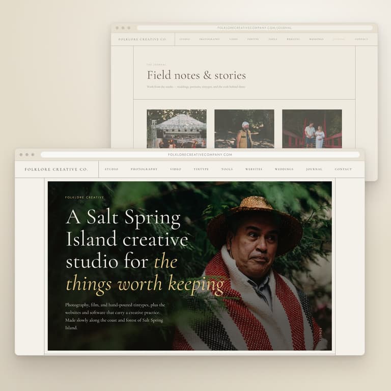 A Folklore-built website shown on a desktop browser, homepage and journal